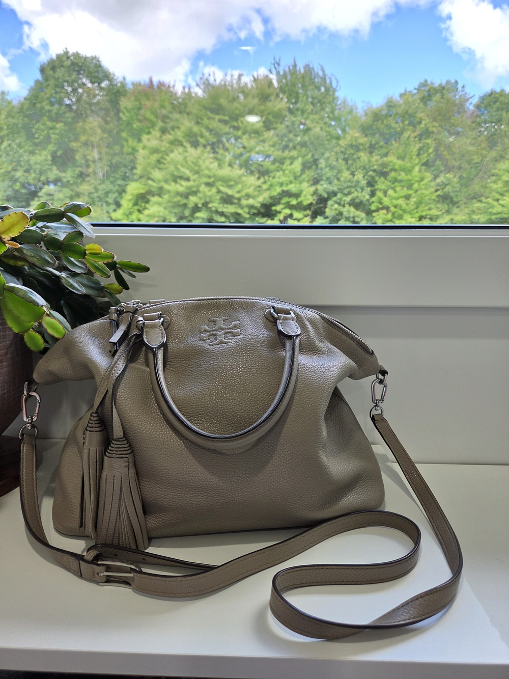Tory Burch French Grey Thea Slouchy Leather Satchel with Tassels/crossbody strap
